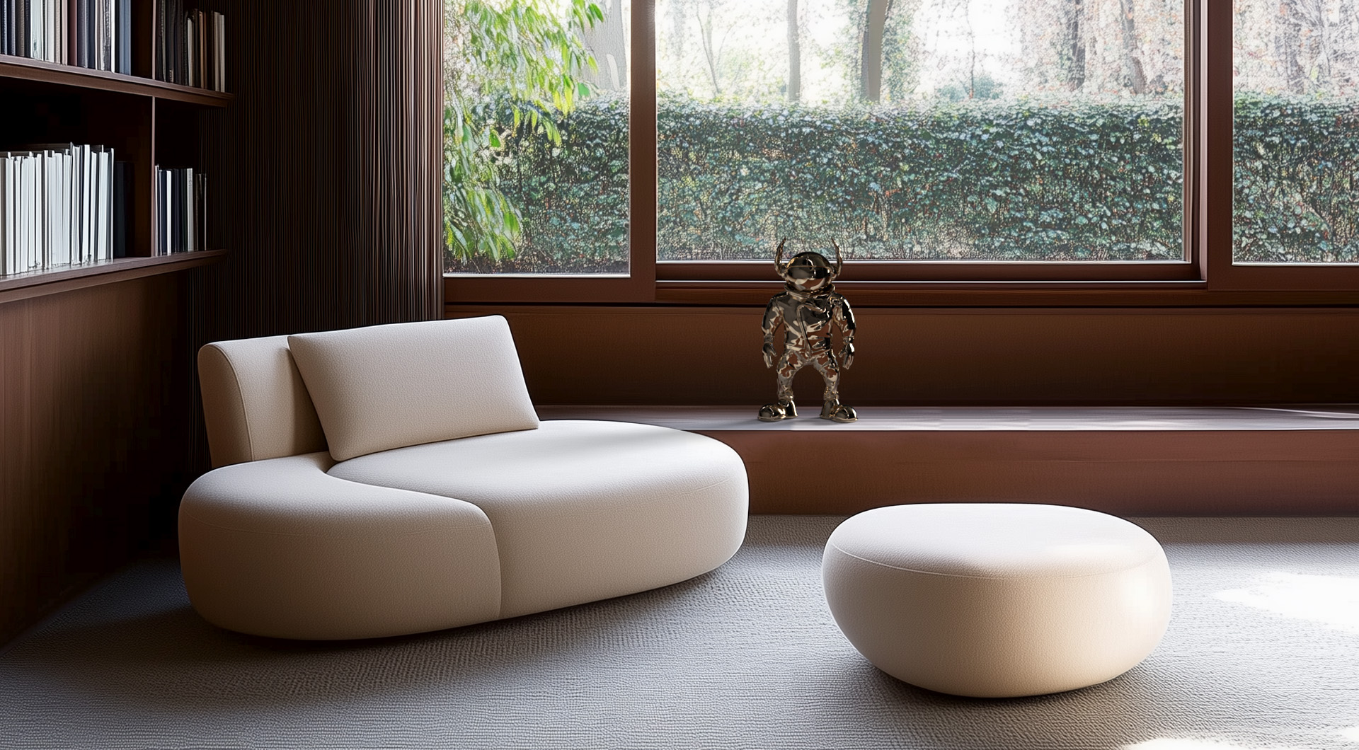 Hito sculpture on wooden table beside white sofa and pouf in a modern Amsterdam home
